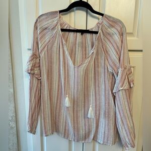 Sanctuary Striped Long Sleeve Ruffle Peasant Sleeve Blouse Medium